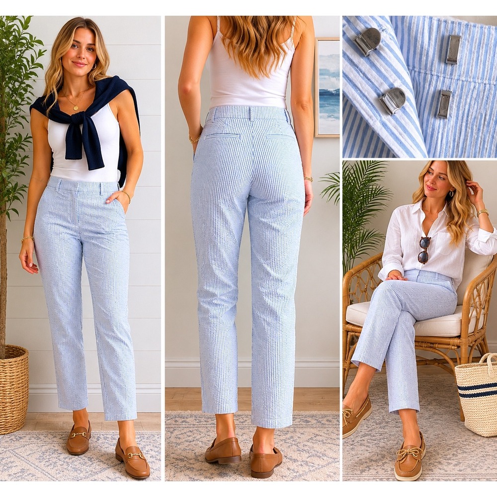 Brooks Brothers Seersucker Pants 10 Blue White Striped Preppy Coastal Trousers